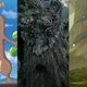 Left to right: Fictional tree creatures Suduwoodo, Treebeard, and the Great Deku Tree from Ocarina of Time appear in three images photoshopped together.